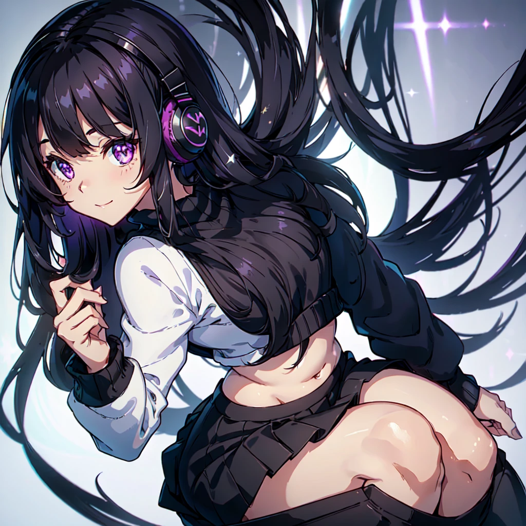 (High quality, High resolution, Fine details), Realistic, solo, ocersized sweater,  super shortskirt; woman, BREAK really long black hair, sparkling prurple eyes, (Detailed eyes), smil, Soft tones, shallow depth of field, thicc thighs, poofy hair, wavy hair, cute bangs, small breasts, high angle shot, very tan skin, sotting in gaming chair, (((black sweater))), white skirt, cozy, heavy makeup, headphones