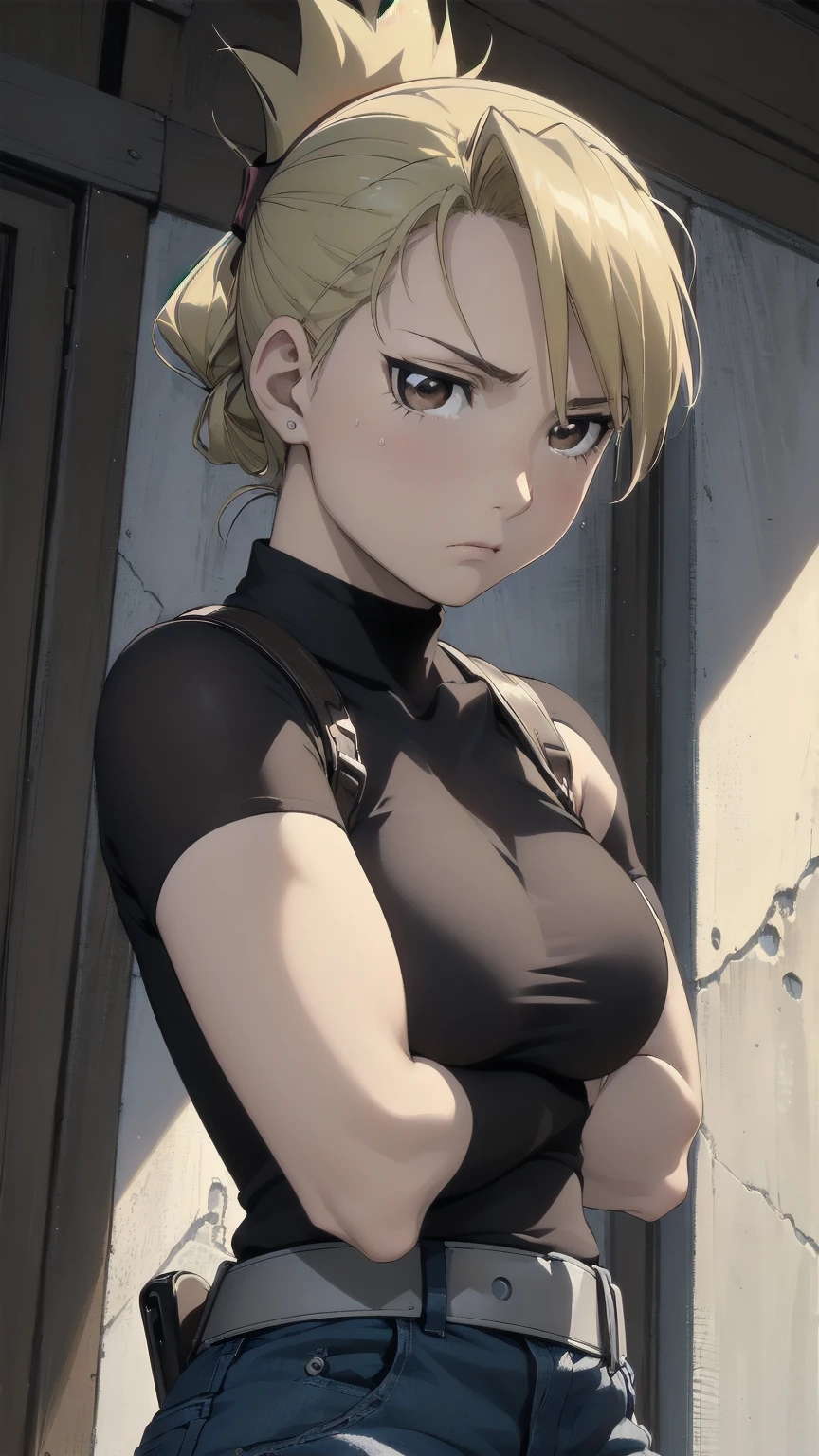 masterpiece, highest quality, High resolution, One Girl, Hamriz, ponytail, Brown eyes,big , Black Shirt, Tight shirt, holster, Short sleeve, belt, Covered navel, Blue pants,Upper body close-up、Muscular body、blush、Sweat、Composition from the front、アニメ、(((Close-up of a person、No sleeve、Facing forward)))、(((Stand in front、audience、Shaking breasts、 Fully exposed、Look forward)))、((Wrestling Arena)), (ponytail), (Slender body, sweating, Embarrassing、blush), Mature Woman, Mature Woman, (Very sophisticated wrestling equipment)