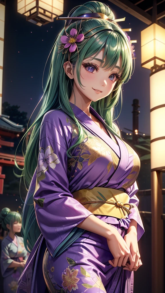 girl, green hair, flower detail in her hair, violet yukata with gold details, Japanese festival background, cinematic lighting, happy expression, high definition, American flat style photography.
