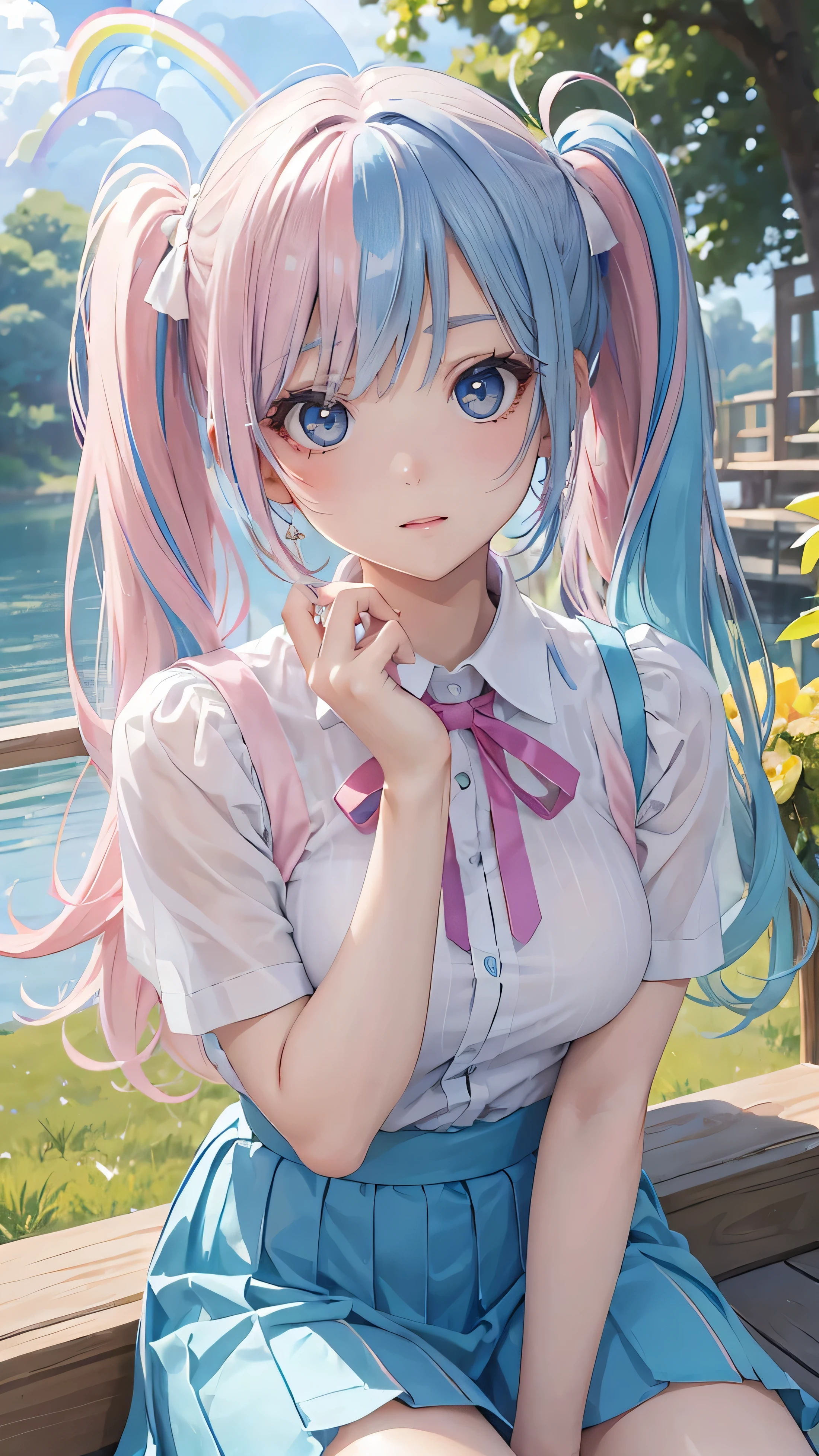 (masterpiece:1.2), (Highest quality:1.2),, Curvy but slender body, Perfect Eyes, Perfect Face, Perfect lighting, 1 girl,(Rainbow Hair, Colorful Hair, Half blue、Half pink hair: 1.2),  in the garden, （shirt），（whole bodyが見える），（Transparent sexy clothes、striped skirt），Curly Hair, Clothes with short sleeves, 、On the boat、, Compensate, eye shadow, Small breasts、Thick eyelashes, Fantasy, Looking at the audience, whole body，Alice in Wonderland、blue sky、Bright and beautiful face、Young and shiny white glossy skin、The ultimate beauty、The most beautiful in the world、Thin Hair、Long Hair、Shiny beautiful bangs、Big, bright blue eyes、A very beautiful and adorable 8 year old, The most beautiful girl in the world、Twin tails、Silver glasses