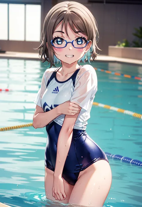 yo watanabe, watanabe yo, short hair, blue eyes, brown hair, smile, grin,tooth,glasses,swimsuit,barefoot,wet swimsuit,wet skin,w...