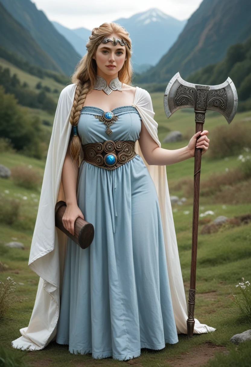 A beautiful photo of tween wearing a Norse style charcoal grey woolen gown with elegant pale azure blue princess style apron, runes of family, love, healing and protection are embroidered along it, with knee high stockings, white doeskin boots, and a beautiful cloak with silver white collar, has golden white hair. The hairstyle is elegant loose waves with a Dutch braided crown with a silver diamond circlet with a triforce gem, holding a magical axe, white leather magic bag, warrior princess, shadow cat is a pale grey-white, the color of thick mountain morning mist, beautiful curvy girl, 12k, ancient Norse, octane render, perfect eyes, wide hips, large saggy chest 