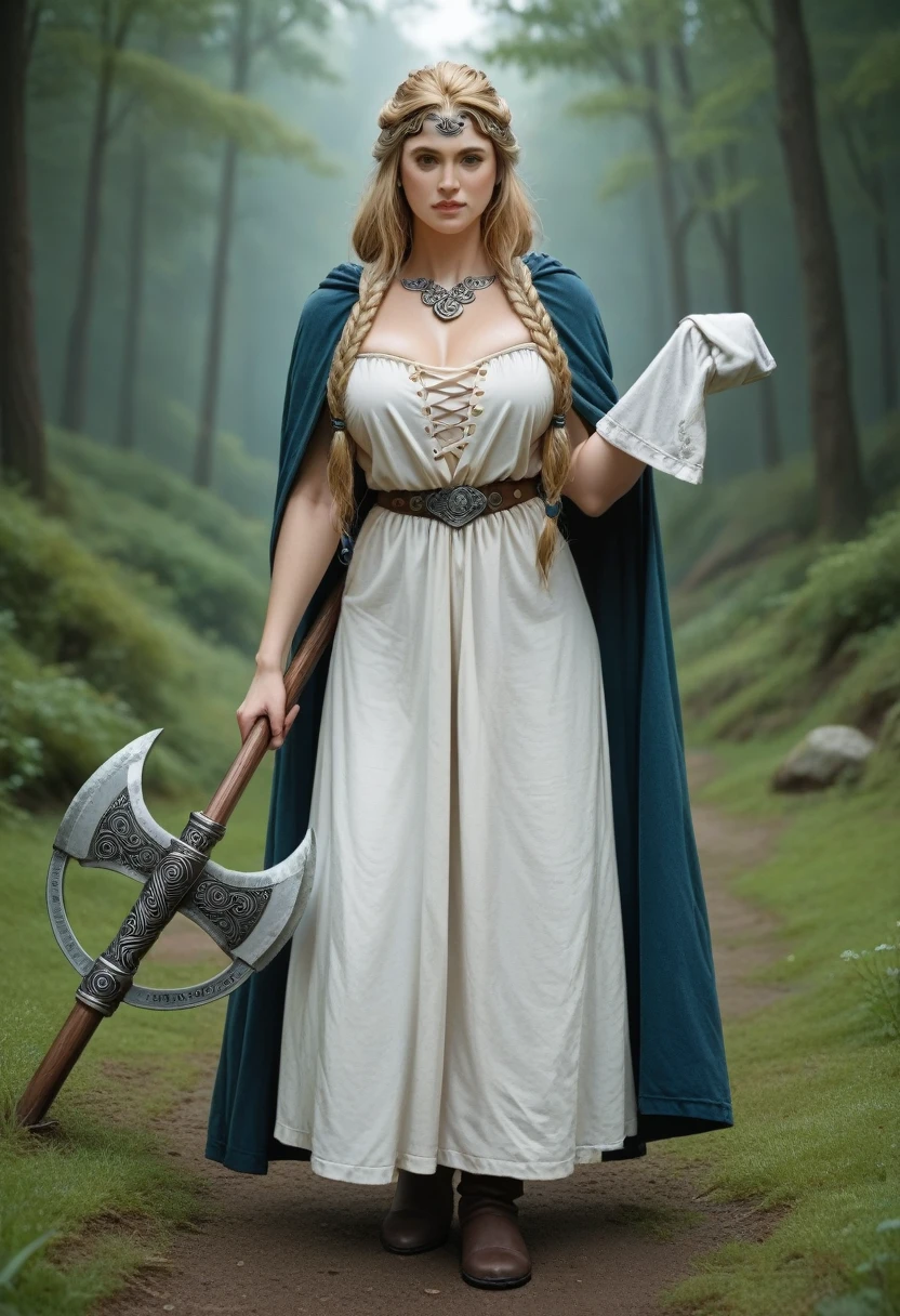 A beautiful photo of tween wearing a Norse style charcoal grey woolen gown with elegant pale azure blue princess style apron, runes of family, love, healing and protection are embroidered along it, with knee high stockings, white doeskin boots, and a beautiful cloak with silver white collar, has golden white hair. The hairstyle is elegant loose waves with a Dutch braided crown with a silver diamond circlet with a triforce gem, holding a magical axe, white leather magic bag, warrior princess, shadow cat is a pale grey-white, the color of thick mountain morning mist, beautiful curvy girl, 12k, ancient Norse, octane render, perfect eyes, wide hips, large saggy chest 