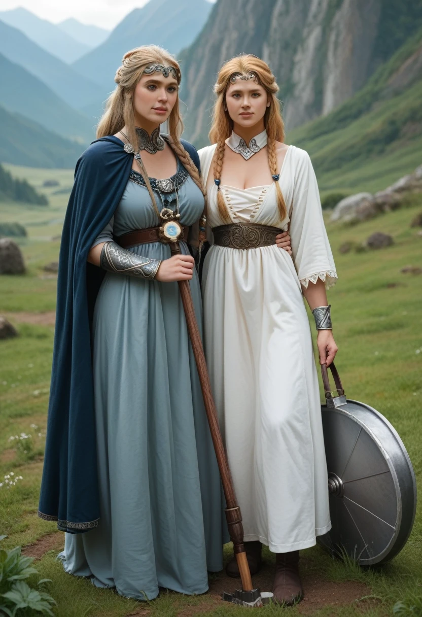 A beautiful photo of tween wearing a Norse style charcoal grey woolen gown with elegant pale azure blue princess style apron, runes of family, love, healing and protection are embroidered along it, with knee high stockings, white doeskin boots, and a beautiful cloak with silver white collar, has golden white hair. The hairstyle is elegant loose waves with a Dutch braided crown with a silver diamond circlet with a triforce gem, holding a magical axe, white leather magic bag, warrior princess, shadow cat is a pale grey-white, the color of thick mountain morning mist, beautiful curvy girl, 12k, ancient Norse, octane render, perfect eyes, wide hips, large saggy chest 