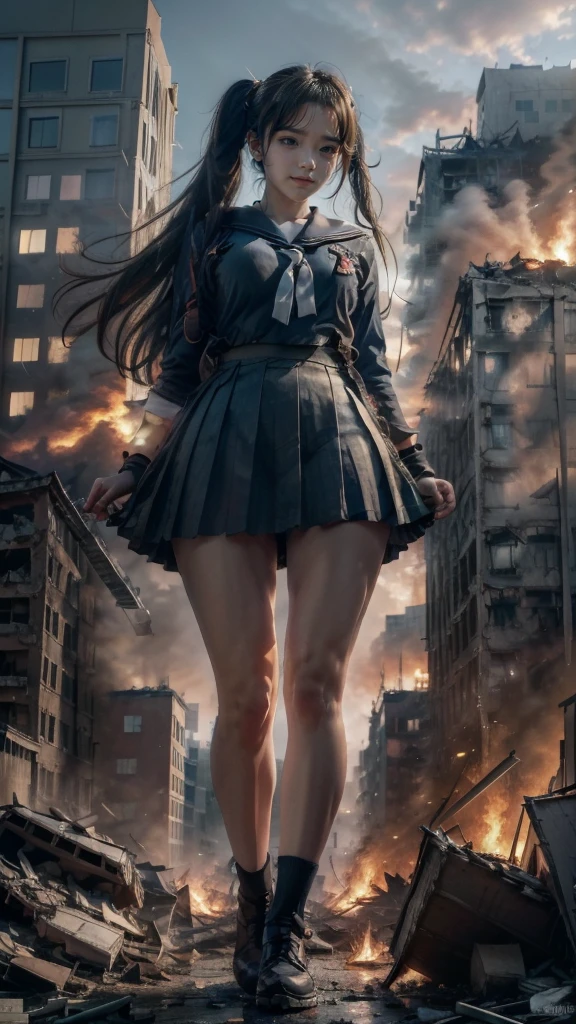 (Giantess Elements, High resolution, high quality, Accurate body structure, Detailed body), Plump thighs、Japanese schoolgirl, Sailor suit, Towering Giant Girl, Looking up at a woman approaching from below, giant attacks city, cute, girl Destroy a small town, Destroy a small town, Naughty look, Japanese, White skin, smile, trampling buildings, rubble, Burning Small Town, destroyed small building, Collapsed highway, Cars are crushed, Evacuation of residents, sunset, Burning Small Town, please, walk, Trampling, Anatomically correct, Accurate human body, Accurate skeleton, Full body portrait, blue eyes, rubble scattered at feet, Higher than skyscrapers, Major impact, wonderful, Giantess Elements, Draw a woman in a big way, The rise of disruptive factors, making city smaller, rampage, city, building,