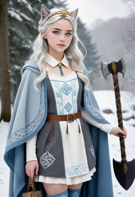 a beautiful photo of tween wearing a norse style charcoal grey woolen gown with elegant pale azure blue princess style apron, ru...