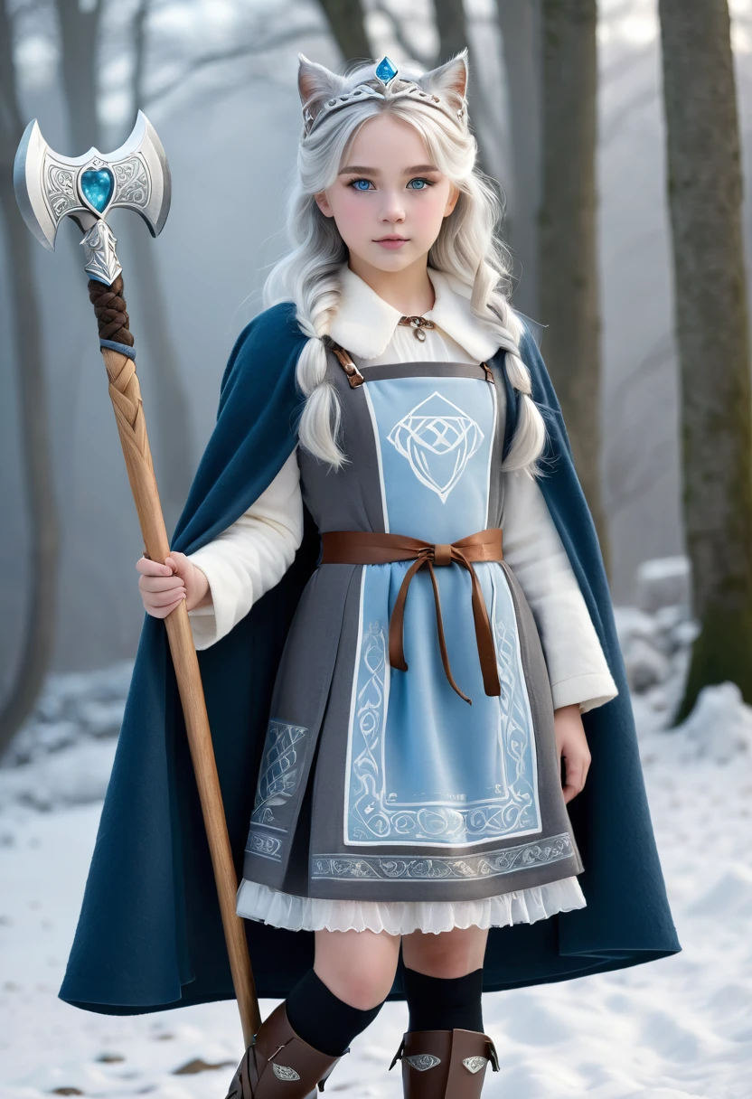 A beautiful photo of tween wearing a Norse style charcoal grey woolen gown with elegant pale azure blue princess style apron, runes of family, love, healing and protection are embroidered along it, with knee high stockings, white doeskin boots, and a beautiful cloak with silver white collar, has golden white hair. The hairstyle is elegant loose waves with a Dutch braided crown with a silver diamond circlet with a triforce gem, holding a magical axe, white leather magic bag, warrior princess, shadow cat is a pale grey-white, the color of thick mountain morning mist, beautiful curvy girl, 12k, ancient Norse, octane render, perfect eyes, wide hips, large saggy chest 