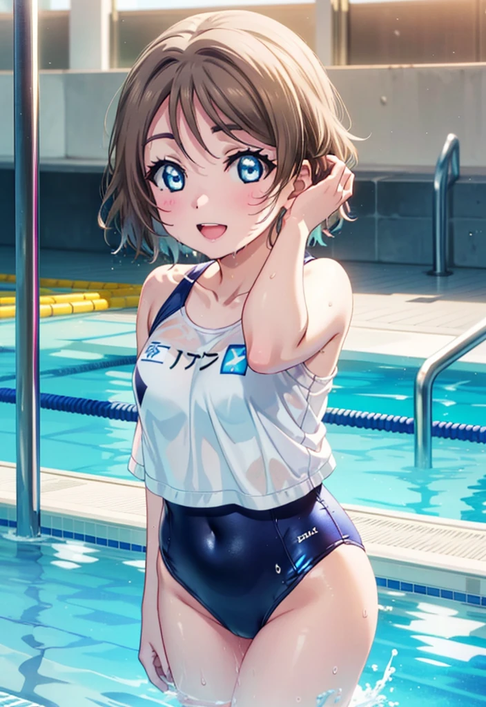 Yo Watanabe, Watanabe Yo, short hair, blue eyes, Brown Hair, smile, Open your mouth,tooth,Swimsuit,barefoot,Wet swimsuit,Wet Skin,Wet Hair,Standing by the pool,whole bodyがイラストに入るように,
break indoors, Indoor swimming pool,
break looking at viewer,whole body, (Cowboy Shot:1.5),
break (masterpiece:1.2), Highest quality, High resolution, unity 8k wallpaper, (figure:0.8), (Beautiful attention to detail:1.6), Highly detailed face, Perfect lighting, Highly detailed CG, (Perfect hands, Perfect Anatomy),