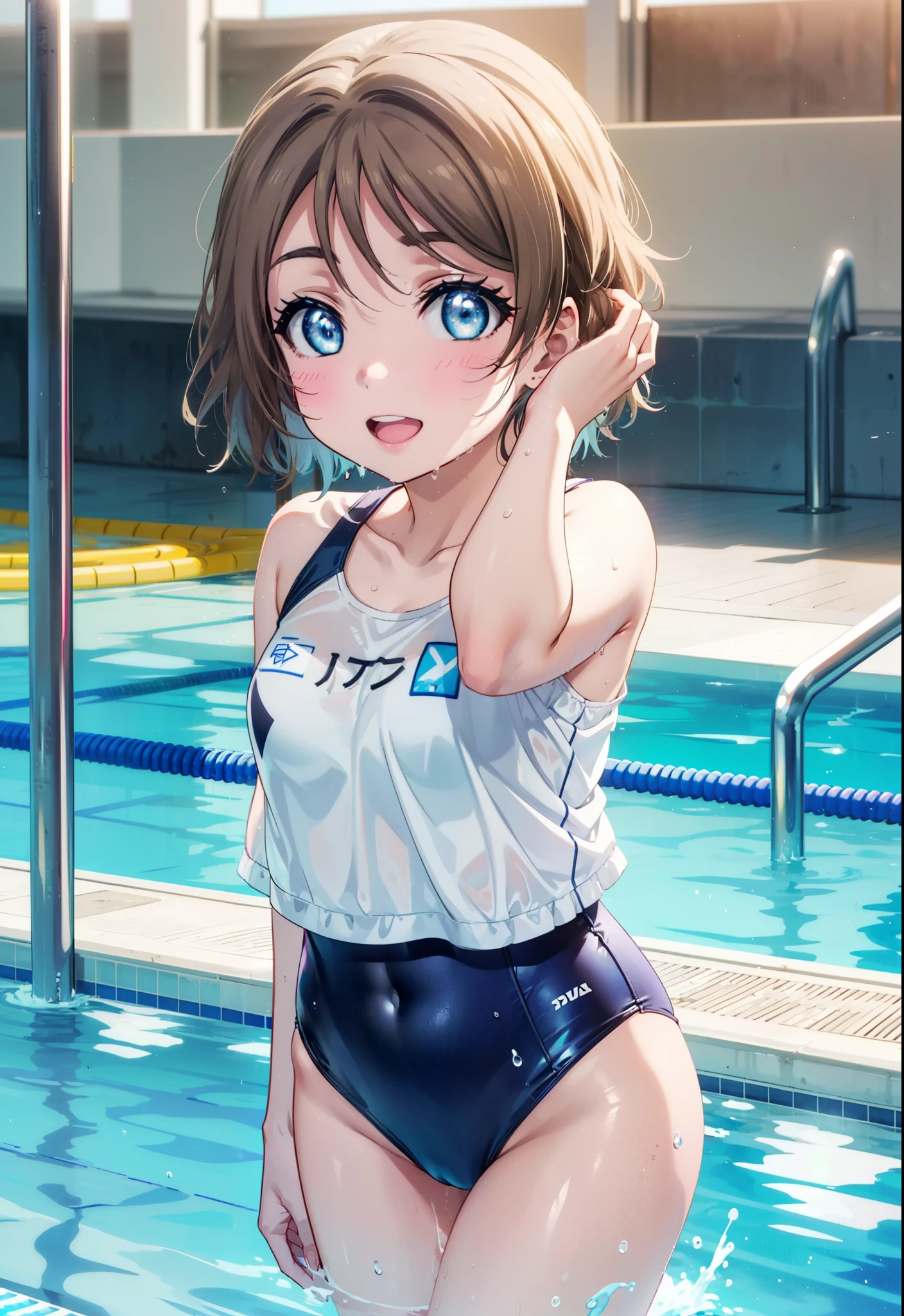 Yo Watanabe, Watanabe Yo, short hair, blue eyes, Brown Hair, smile, Open your mouth,tooth,Swimsuit,barefoot,Wet swimsuit,Wet Skin,Wet Hair,Standing by the pool,whole bodyがイラストに入るように,
break indoors, Indoor swimming pool,
break looking at viewer,whole body, (Cowboy Shot:1.5),
break (masterpiece:1.2), Highest quality, High resolution, unity 8k wallpaper, (figure:0.8), (Beautiful attention to detail:1.6), Highly detailed face, Perfect lighting, Highly detailed CG, (Perfect hands, Perfect Anatomy),