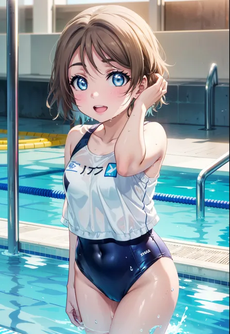 yo watanabe, watanabe yo, short hair, blue eyes, brown hair, smile, open your mouth,tooth,swimsuit,barefoot,wet swimsuit,wet ski...