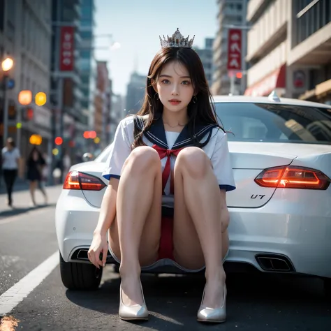 sfw, (closeup from crotch to face) extremelydetailed (schoolgirl lean against the car) spread knees up, perfect face, brilliant(...