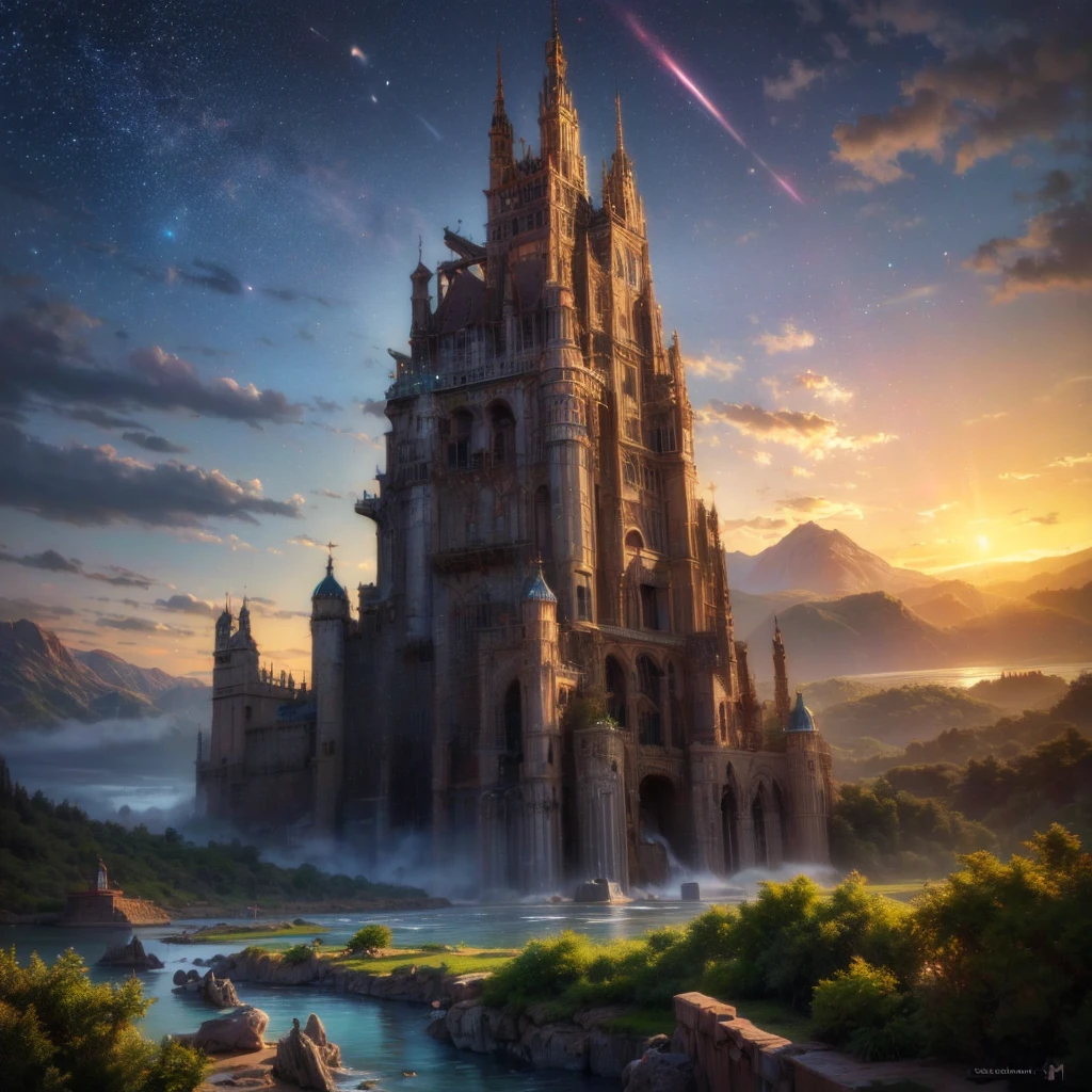 (8k, highest quality, masterpiece, final fantasy style: 1.2), (unRealistic, photoRealistic: 1.37), Dreamy landscape, Fantasy, Unsurreal landscapes, Super detailed, Flying Castle, Floating Island in the Sky, Seven-colored swirl of light, Intense lightning, milky way, Complex Light, Colored light, Large Lake, Starry sky reflected on the lake surface, Countless shining stars, Meteors,  Reflections , (A pillar of light emanated from the ground:1,2), roses and orchids gardens , sunset, pink clouds, waterfalls in the sky, realistic style, Hyperrealism drawing, a flying pirate spaceship floating at the clouds level, burning skyscrapers, cyborgs, timeless realms, stunning  princess  ,  casting spell, healing light magic effect, in a magical lagoon of the fairyland, crystal clear water surface reflections, sharp focus, looking at viewer, (close-up:0.9), (bright white theme:1.2), (bright white tone:1.2), (deep blue tone:1.3),((( realistic, Hyperrealism, vivid colours , landscapes , alien cyborgs , science fiction themes))), 