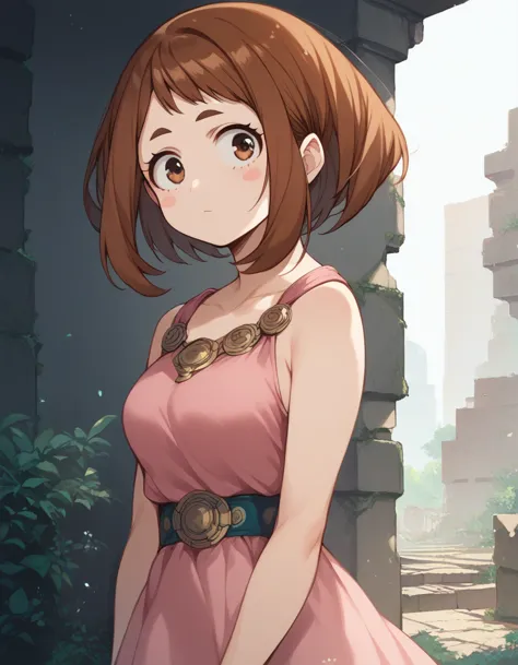 (((masterpiece, ultra-detailed))), anime style, nsfw, pink backless dress, standing,yamada ochako uraraka, brown eyes, brown hai...