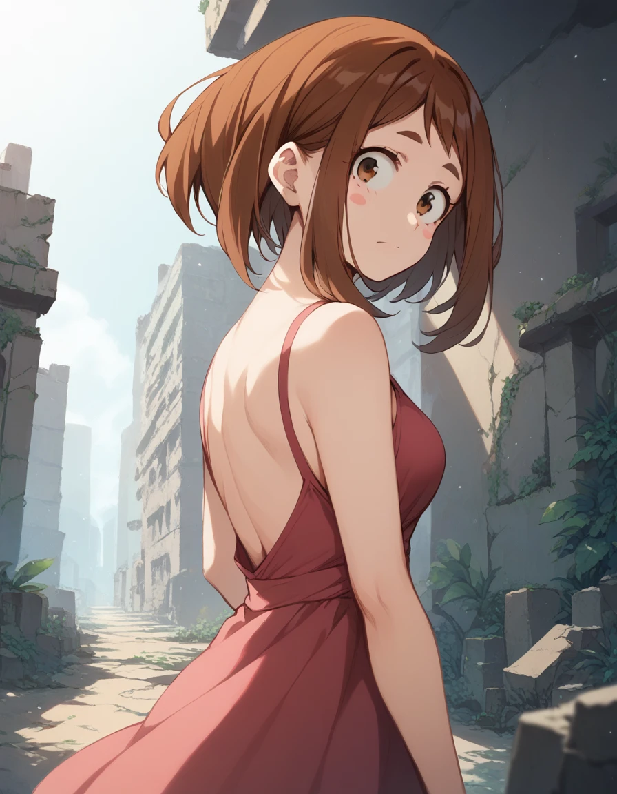 (((masterpiece, ultra-detailed))), Anime Style, nsfw, pink backless dress, standing,yamada ochako uraraka, brown eyes, brown hair, short hair, blush, blush stickers, Emotionless, ruins 
