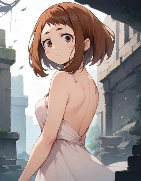 (((masterpiece, ultra-detailed))), anime style, nsfw, pink backless dress, standing,yamada ochako uraraka, brown eyes, brown hai...