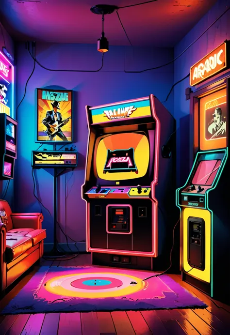 style color palette dominates the scene, with vibrant neon hues. a retro arcade cabinet stands beside the television, inviting y...