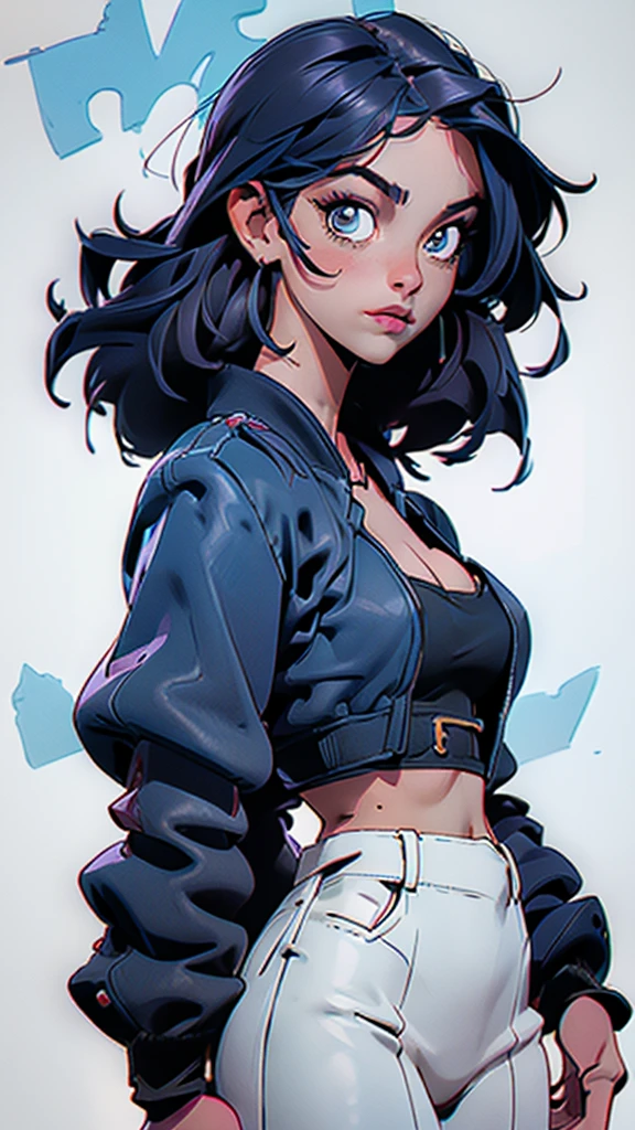 detailed portrait of a beautiful woman, 1girl, (AngelMS:1.4), midriff, looking at viewer, (cleavage), cropped jacket, best quality, 4k, 8k, highres, masterpiece:1.2, ultra-detailed, URBAN SAMURAI,holding a dagger each hand, fullbody shot