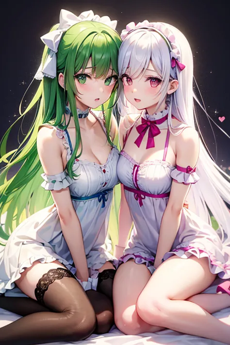 manga anime style, (ultra detailed, absolutely resolution, best quality:1.3), cute twin 18 year old girls, green medium hair, am...