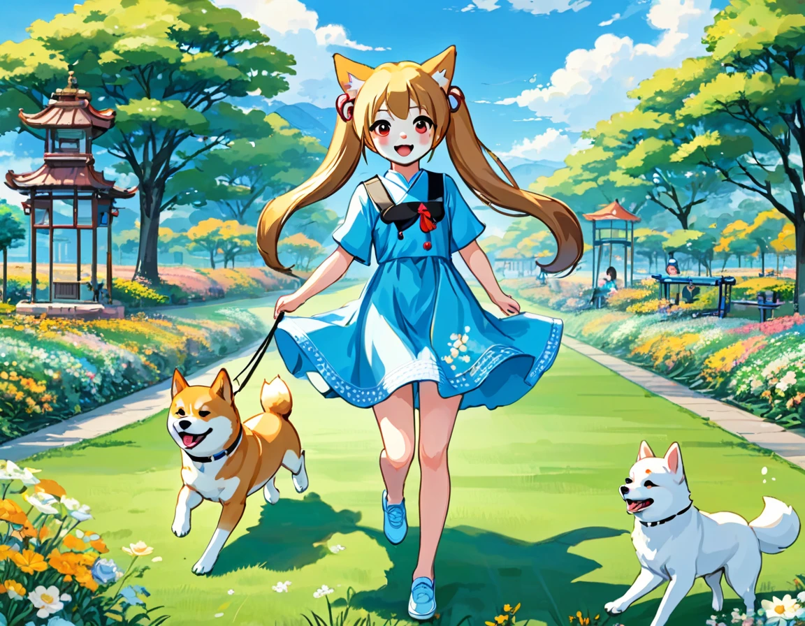 Light blue long hair、Beautiful girl with twin tails、A park full of grass and flowers、There are slides and swings、Five little characters playing、My beloved Shiba Inu dog is running around happily.、