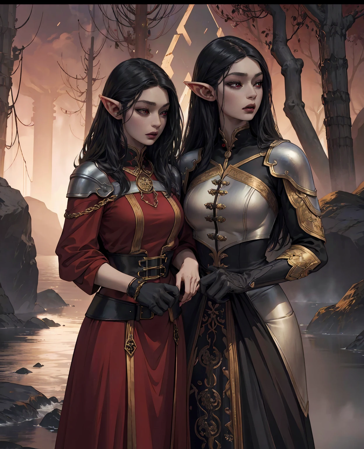 a devilish woman with long black hair,pale skin,intense red eyes,wearing an elaborate elf-like costume,in a dark mysterious fantasy setting,(best quality,4k,8k,highres,masterpiece:1.2),ultra-detailed,(realistic,photorealistic,photo-realistic:1.37),dramatic lighting,cinematic composition,dark moody atmosphere,intricate details,fantasy art,dark fantasy,concept art