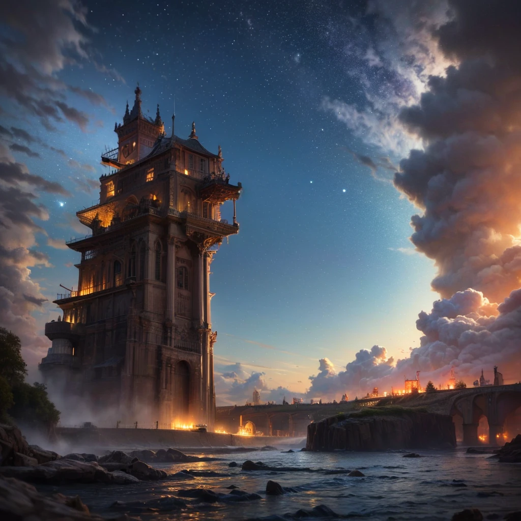 (8k, highest quality, masterpiece, final fantasy style: 1.2), (unRealistic, photoRealistic: 1.37), Dreamy landscape, Fantasy, Unsurreal landscapes, Super detailed, Flying Castle, Floating Island in the Sky, Seven-colored swirl of light, Intense lightning, nebulas, Complex Light, Colored light, Large Lake, Starry sky reflected on the lake surface, Countless shining stars, Meteors,  Reflections , (A pillar of light emanated from the ground:1,2), roses and orchids gardens , sunset, pink clouds, waterfalls in the sky, realistic style, Hyperrealism, hyperrealistic drawing, a flying pirate spaceship floating at the clouds level, burning skyscrapers, cyborgs, timeless realms, stunning  princess watching the scenes,  ,  casting spell, healing light magic effect, in a magical lagoon of the fairyland, crystal clear water surface reflections, sharp focus, looking at viewer, (close-up:0.9), (bright white theme:1.2), (bright white tone:1.2), (deep blue tone:1.3),((( realistic, Hyperrealism, vivid colours , landscapes , alien cyborgs , science fiction themes))), fairy and a robot ,