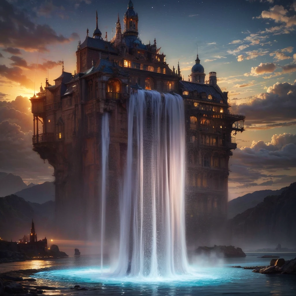 (8k, highest quality, masterpiece, final fantasy style: 1.2), (unRealistic, photoRealistic: 1.37), Dreamy landscape, Fantasy, Unsurreal landscapes, Super detailed, Flying Castle, Floating Island in the Sky, Seven-colored swirl of light, Intense lightning, nebulas, Complex Light, Colored light, Large Lake, Starry sky reflected on the lake surface, Countless shining stars, Meteors,  Reflections , (A pillar of light emanated from the ground:1,2), roses and orchids gardens , sunset, pink clouds, waterfalls in the sky, realistic style, Hyperrealism, hyperrealistic drawing, a flying pirate spaceship floating at the clouds level, burning skyscrapers, cyborgs, timeless realms, stunning  princess watching the scenes,  ,  casting spell, healing light magic effect, in a magical lagoon of the fairyland, crystal clear water surface reflections, sharp focus, looking at viewer, (close-up:0.9), (bright white theme:1.2), (bright white tone:1.2), (deep blue tone:1.3),((( realistic, Hyperrealism, vivid colours , landscapes , alien cyborgs , science fiction themes))), fairy and a robot ,