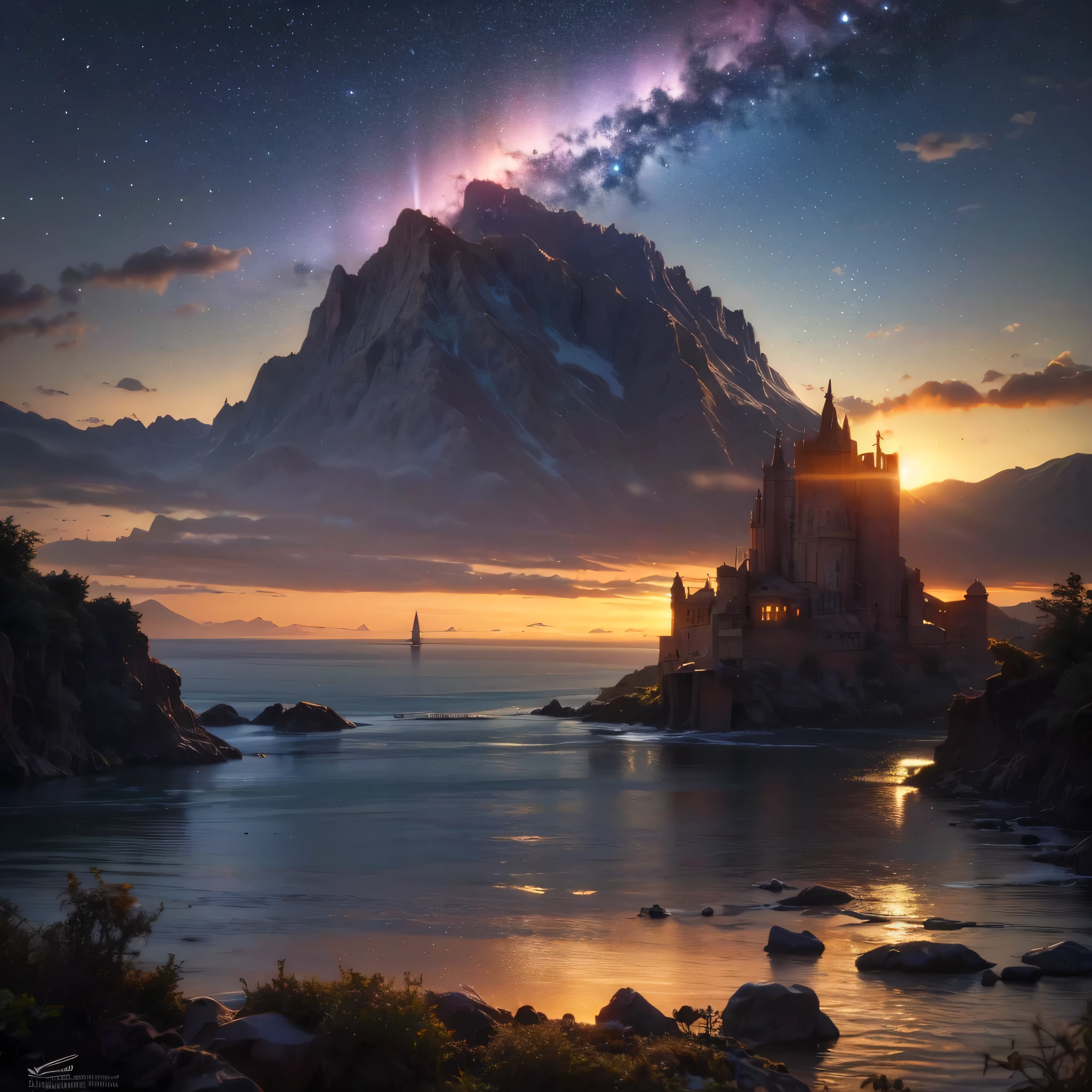 (8k, highest quality, masterpiece, final fantasy style: 1.2), (unRealistic, photoRealistic: 1.37), Dreamy landscape, Fantasy, Unsurreal landscapes, Super detailed, Flying Castle, Floating Island in the Sky, Seven-colored swirl of light, Intense lightning, milky way, Complex Light, Colored light, Large Lake, Starry sky reflected on the lake surface, Countless shining stars, Meteors,  Reflections , (A pillar of light emanated from the ground:1,2), roses and orchids gardens , sunset, pink clouds, waterfalls in the sky, realistic style, Hyperrealism drawing, a flying pirate spaceship floating at the clouds level, burning skyscrapers, cyborgs, timeless realms, stunning  princess  ,  casting spell, healing light magic effect, in a magical lagoon of the fairyland, crystal clear water surface reflections, sharp focus, looking at viewer, (close-up:0.9), (bright white theme:1.2), (bright white tone:1.2), (deep blue tone:1.3),((( realistic, Hyperrealism, vivid colours , landscapes , alien cyborgs , science fiction themes))), 