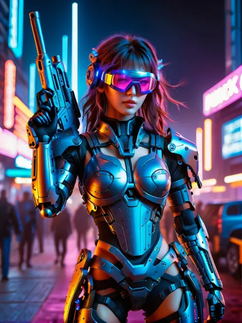 this is a detailed image of a fictional cyberpunk environment.，in the foreground，a beautiful girl mercenary standing，fully dress...