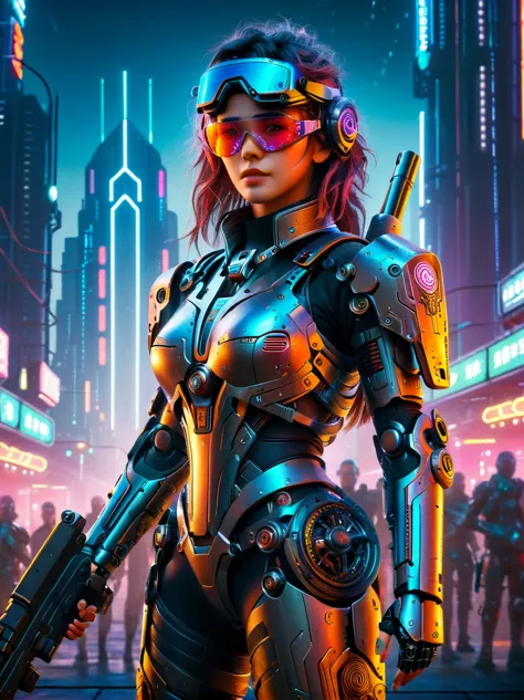 this is a detailed image of a fictional cyberpunk environment.，in the foreground，a beautiful girl mercenary standing，fully dress...