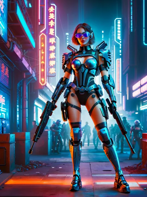 this is a detailed image of a fictional cyberpunk environment.，in the foreground，a beautiful girl mercenary standing，fully dress...