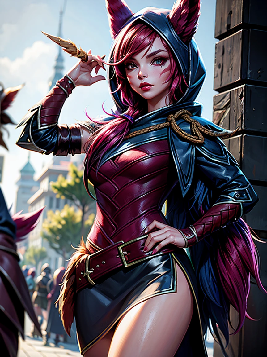 1 girl, afterimage, rote Haar, breasts, pull clothes, animal ears, (xayah Hoodie), (xayah Cape), Cowboy-shot, contrasting sleeves, look down on the viewer, Head out of frame, xayah (League of Legends), lips, Long hair, medium breasts, alone, tight attire, a hose