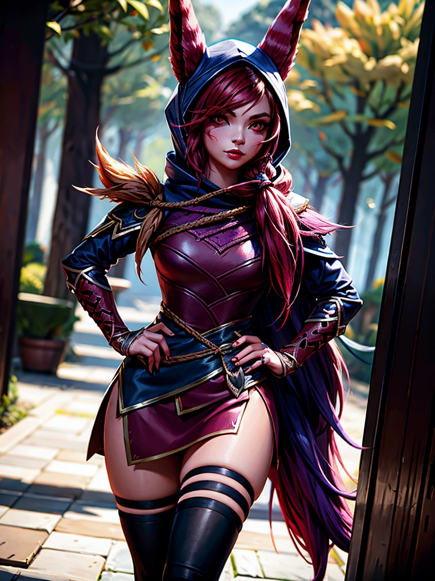 1 girl, afterimage, rote Haar, breasts, pull clothes, animal ears, (xayah Hoodie), (xayah Cape), Cowboy-shot, contrasting sleeves, look down on the viewer, Head out of frame, xayah (League of Legends), lips, Long hair, medium breasts, alone, tight attire, a hose