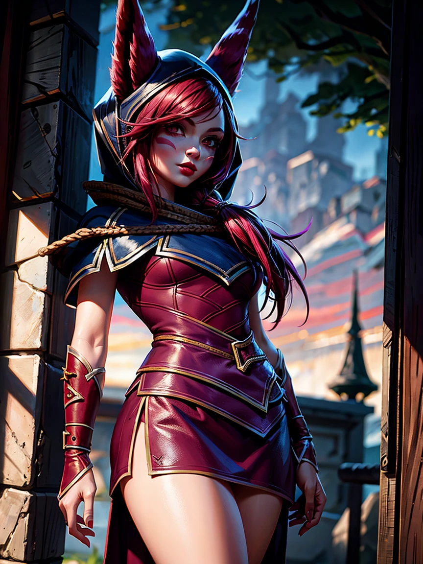 1 girl, afterimage, rote Haar, breasts, pull clothes, animal ears, (xayah Hoodie), (xayah Cape), Cowboy-shot, contrasting sleeves, look down on the viewer, Head out of frame, xayah (League of Legends), lips, Long hair, medium breasts, alone, tight attire, a hose