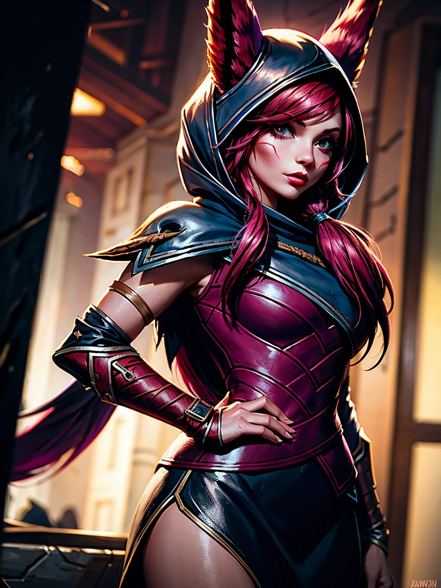 1 girl, afterimage, rote Haar, breasts, pull clothes, animal ears, (xayah Hoodie), (xayah Cape), Cowboy-shot, contrasting sleeves, look down on the viewer, Head out of frame, xayah (League of Legends), lips, Long hair, medium breasts, alone, tight attire, a hose