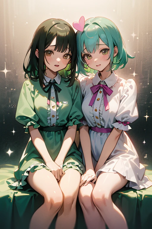 manga anime style, (ultra detailed, absolutely resolution, best quality:1.3), cute twin 18 year old girls, green medium hair, amorous and lewd face, big brown eyes, superlative body proportion, twins fashion, wearing white baggy frilly clothes, covered in tattoos, they sit together, snuggled up to each other and rub their faces together happily, background pastel colored dots and hearts, shading effects, gradation magic effects, foggy filter effects, glitter effects, 2.5D, delicate and dynamic, artistic photography, hyper realistic, graphic CG, nadeko01