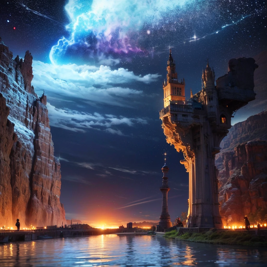 (8k, highest quality, masterpiece, final fantasy style: 1.2), (unRealistic, photoRealistic: 1.37), Dreamy landscape, Fantasy, Unsurreal landscapes, Super detailed, Flying Castle, Floating Island in the Sky, Seven-colored swirl of light, Intense lightning, nebulas, Complex Light, Colored light, Large Lake, Starry sky reflected on the lake surface, Countless shining stars, Meteors,  Reflections , (A pillar of light emanated from the ground:1,2), roses and orchids gardens , bright spring day, pink clouds, waterfalls in the sky, realistic style, Hyperrealism, hyperrealistic drawing, a flying pirate spaceship floating at the clouds level, burning skyscrapers, cyborgs, timeless realms, stunning  princess watching the scenes,  ,  casting spell, healing light magic effect, in a magical lagoon of the fairyland, crystal clear water surface reflections, sharp focus, looking at viewer, (close-up:0.9), (bright white theme:1.2), (bright white tone:1.2), (deep blue tone:1.3),((( realistic, Hyperrealism, vivid colours , landscapes , alien cyborgs , science fiction themes))), fairy and a robot ,