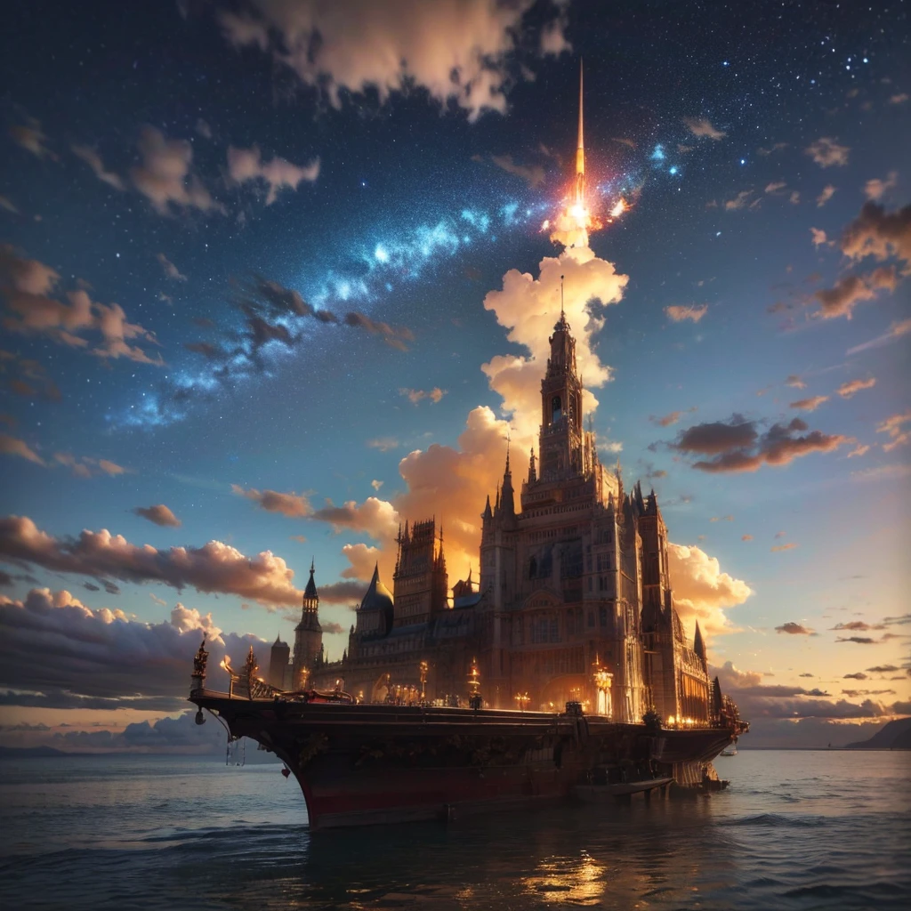 (8k, highest quality, masterpiece, final fantasy style: 1.2), (unRealistic, photoRealistic: 1.37), Dreamy landscape, Fantasy, Unsurreal landscapes, Super detailed, Flying Castle, Floating Island in the Sky, Seven-colored swirl of light, Intense lightning, nebulas, Complex Light, Colored light, Large Lake, Starry sky reflected on the lake surface, Countless shining stars, Meteors,  Reflections , (A pillar of light emanated from the ground:1,2), roses and orchids gardens , bright spring day, pink clouds, waterfalls in the sky, realistic style, Hyperrealism, hyperrealistic drawing, a flying pirate spaceship floating at the clouds level, burning skyscrapers, cyborgs, timeless realms, stunning  princess watching the scenes,  ,  casting spell, healing light magic effect, in a magical lagoon of the fairyland, crystal clear water surface reflections, sharp focus, looking at viewer, (close-up:0.9), (bright white theme:1.2), (bright white tone:1.2), (deep blue tone:1.3),((( realistic, Hyperrealism, vivid colours , landscapes , alien cyborgs , science fiction themes))), fairy and a robot ,