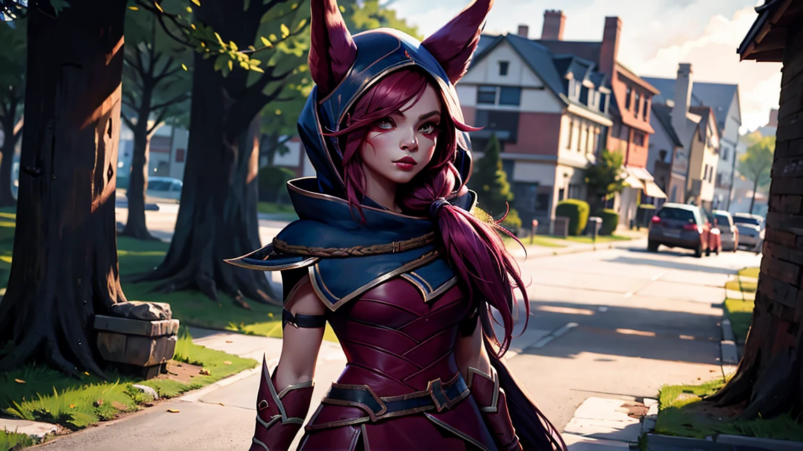 1 girl, afterimage, rote Haar, breasts, pull clothes, animal ears, (xayah Hoodie), (xayah Cape), Cowboy-shot, contrasting sleeves, look down on the viewer, Head out of frame, xayah (League of Legends), lips, Long hair, medium breasts, alone, tight attire, a hose