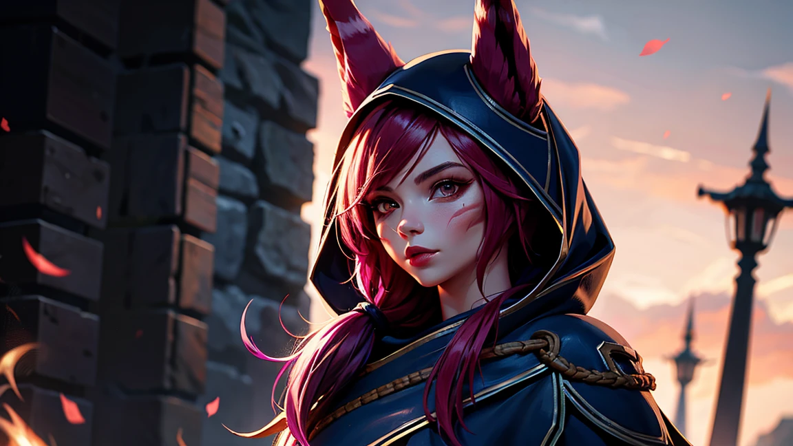 1 girl, afterimage, rote Haar, breasts, pull clothes, animal ears, (xayah Hoodie), (xayah Cape), Cowboy-shot, contrasting sleeves, look down on the viewer, Head out of frame, xayah (League of Legends), lips, Long hair, medium breasts, alone, tight attire, a hose