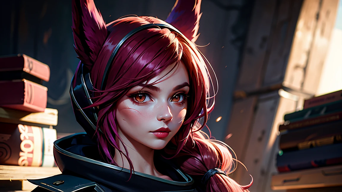 1 girl, afterimage, rote Haar, breasts, pull clothes, animal ears, (xayah Hoodie), (xayah Cape), Cowboy-shot, contrasting sleeves, look down on the viewer, Head out of frame, xayah (League of Legends), lips, Long hair, medium breasts, alone, tight attire, a hose