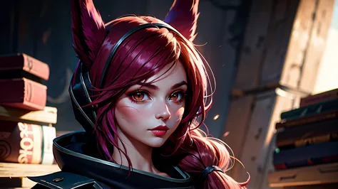 1 girl, afterimage, rote haar, breasts, pull clothes, animal ears, (xayah hoodie), (xayah cape), cowboy-shot, contrasting sleeve...