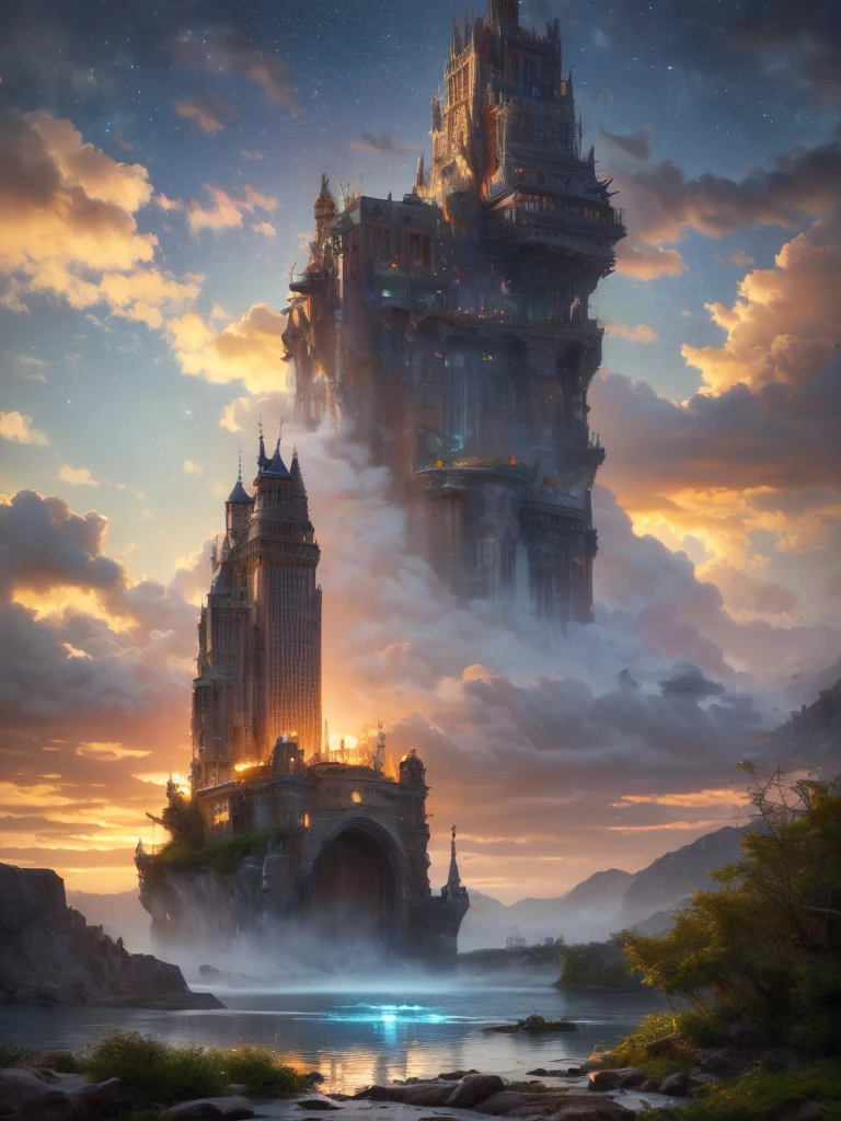 (8k, highest quality, masterpiece, final fantasy style: 1.2), (unRealistic, photoRealistic: 1.37), Dreamy landscape, Fantasy, Unsurreal landscapes, Super detailed, Flying Castle, Floating Island in the Sky, Seven-colored swirl of light, Intense lightning, milky way, Complex Light, Colored light, Large Lake, Starry sky reflected on the lake surface, Countless shining stars, Meteors,  Reflections , (A pillar of light emanated from the ground:1,2), roses and orchids gardens , sunset, pink clouds, waterfalls in the sky, realistic style, Hyperrealism drawing, (a flying pirate spaceship floating high above the clouds, burning skyscrapers, cyborgs, timeless realms, stunning  princess standing   ,  casting spell, healing light magic effect, in a magical lagoon of the fairyland, crystal clear water surface reflections, sharp focus, looking at viewer, (close-up:0.9), (bright white theme:1.2), (bright white tone:1.2), (deep blue tone:1.3),((( realistic, Hyperrealism, vivid colours , landscapes , alien cyborgs , science fiction themes))), 