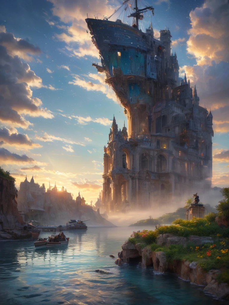 (8k, highest quality, masterpiece, final fantasy style: 1.2), (unRealistic, photoRealistic: 1.37), Dreamy landscape, Fantasy, Unsurreal landscapes, Super detailed, Flying Castle, Floating Island in the Sky, Seven-colored swirl of light, Intense lightning, milky way, Complex Light, Colored light, Large Lake, Starry sky reflected on the lake surface, Countless shining stars, Meteors,  Reflections , (A pillar of light emanated from the ground:1,2), roses and orchids gardens , sunset, pink clouds, waterfalls in the sky, realistic style, Hyperrealism drawing, (a flying pirate spaceship floating high above the clouds, burning skyscrapers, cyborgs, timeless realms, stunning  princess standing   ,  casting spell, healing light magic effect, in a magical lagoon of the fairyland, crystal clear water surface reflections, sharp focus, looking at viewer, (close-up:0.9), (bright white theme:1.2), (bright white tone:1.2), (deep blue tone:1.3),((( realistic, Hyperrealism, vivid colours , landscapes , alien cyborgs , science fiction themes))), 