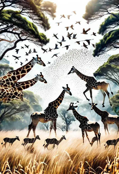 ((double exposure)) ((photography)) of the ((lions, antelopes, giraffes)) and ((grass and trees)) and ((birds flying in the sky)...