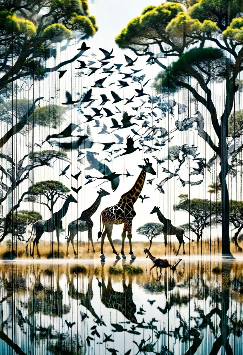 ((Double Exposure)) ((Photography)) of the ((Lions, antelopes, giraffes)) and ((grass and trees)) and ((birds flying in the sky)) blending together in the word ((WILDLIFE)), artfully captured with a ((70mm lens)) on a ((clear sunny day)), intricate details and ((hyperrealistic)) 