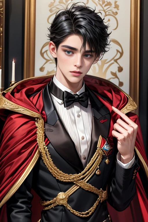 masterpiece, 最high quality, high quality, 1 boy, alone, Male focus, Upper Body,Watching the audience, Messy black hair, Adorable big blue eyes, White, Noble, Noble,A black and red cape that is bursting with sexy volume、Tuxedo、A very voluminous, large, very large, very large, long, long red and black cape with a high stand-up collar, made of a lot of fabric that reaches down to the floor., ,cute beautiful,Cute, cute, kind, handsome guy