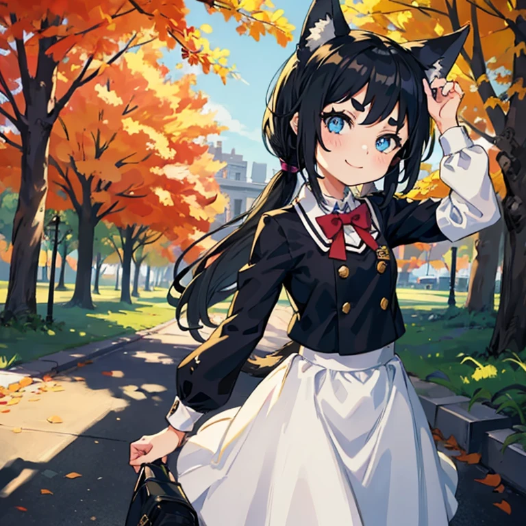 Young girl with black hair, long twintail, twintail hairstyle, (blue eyes), ((small bushy eyebrows)), (wolf ears up), wearing gothic lolita, lolicon clothes, going to school, dull eyes, dull face, going to school, flirtatious smile, small and perky breasts, in a park