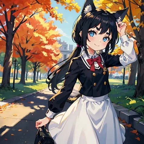 young girl with black hair, long twintail, twintail hairstyle, (blue eyes), ((small bushy eyebrows)), (wolf ears up), wearing go...