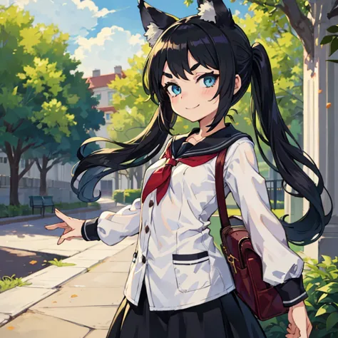 young girl with black hair, long twintail, twintail hairstyle, (blue eyes), ((small bushy eyebrows)), (wolf ears up), wearing go...