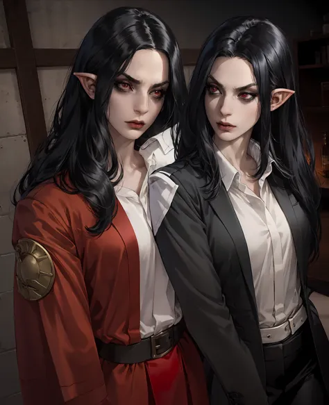 a devilish woman with black hair, pale skin, and red eyes, wearing an elf-like costume, in a dark and mysterious setting, (best ...